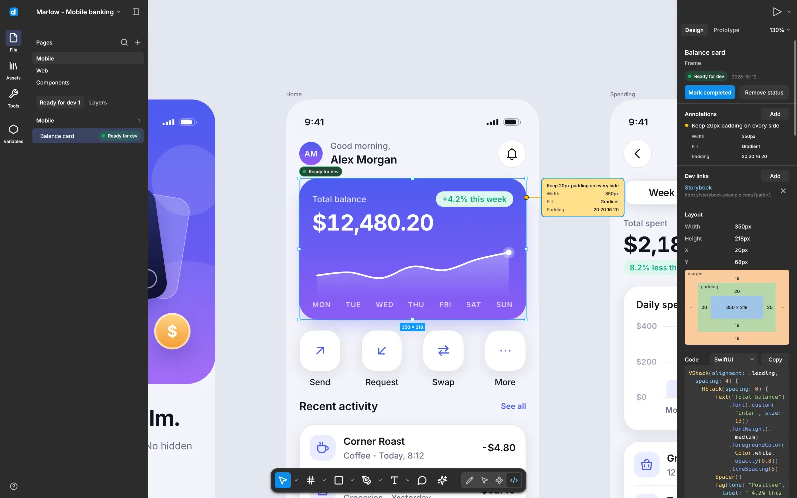 Dev mode with a card selected: Ready for dev status, annotations, box model and generated SwiftUI code
