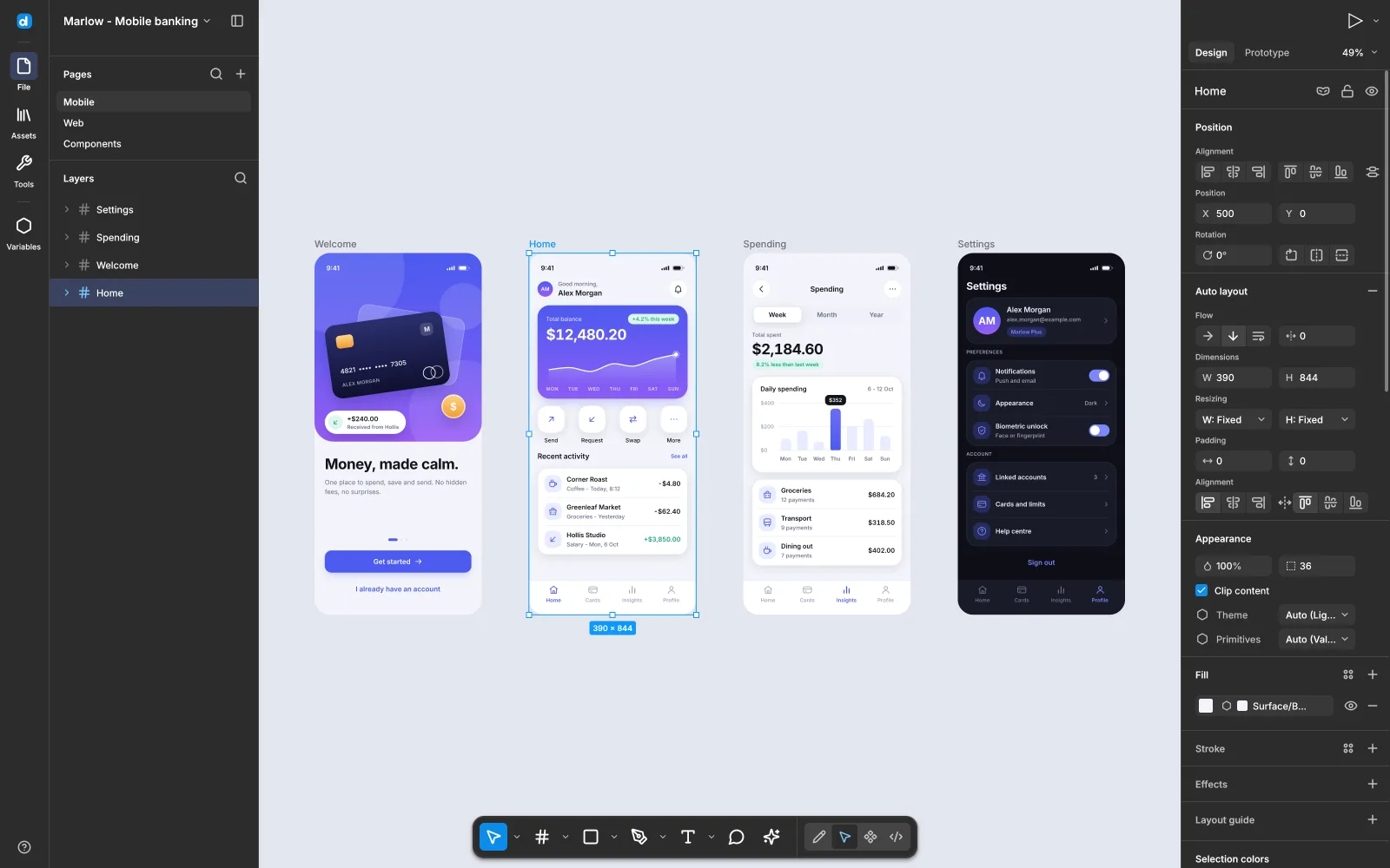 The desigma editor on the showcase file: four phone screens built with auto layout and components, the Home frame selected and the inspector showing its vertical auto layout
