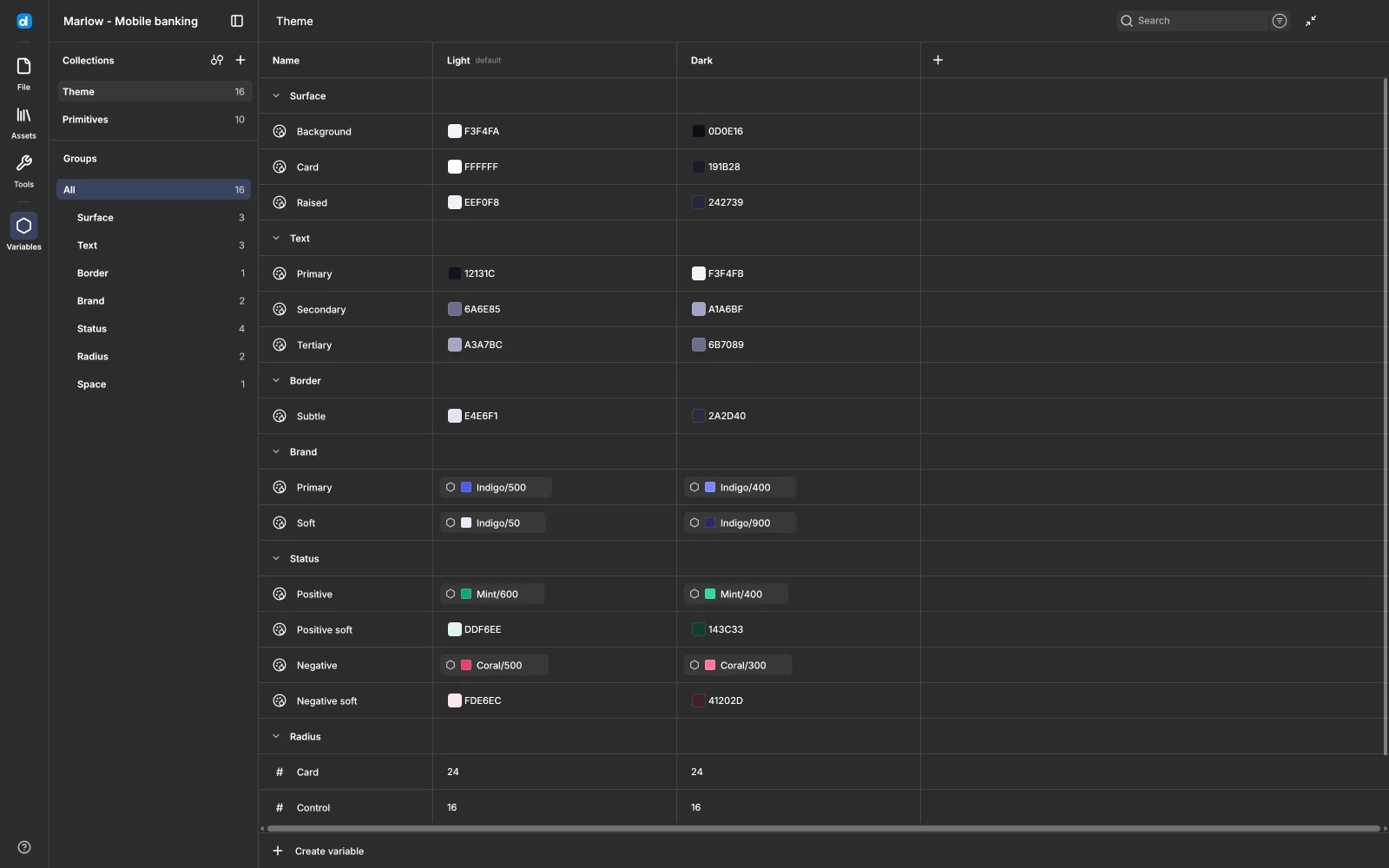 The Variables view: a Theme collection with Light and Dark modes, color aliases and number variables